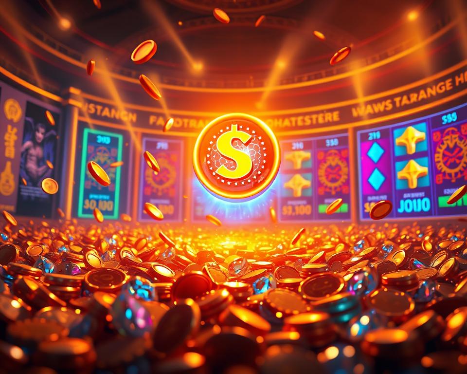 A captivating game of TD88 nổ hũ, showcasing its striking features. A vibrant, richly textured scene depicts a glowing jackpot symbol hovering amidst a mesmerizing array of shimmering coins and gemstones. The foreground is bathed in a warm, golden light, creating a sense of anticipation and excitement. In the middle ground, intricate patterns and symbols dance across the screen, hinting at the game's engaging mechanics. The background features a sleek, modern interface with bold, neon-tinged graphics, setting the stage for an immersive and visually stunning gaming experience.
