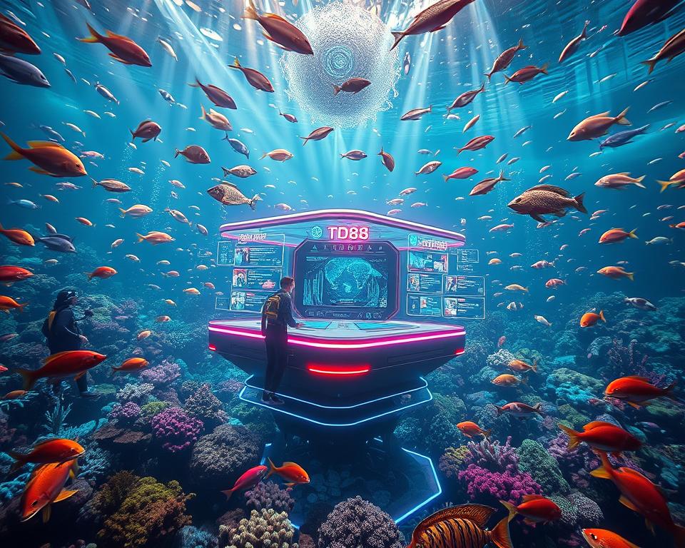 A captivating scene of the future of fish-themed gaming in 2025. A vibrant underwater world filled with colorful marine life, glimmering with a futuristic aesthetic. The centerpiece is a dynamic display showcasing the TD88 gaming platform, its sleek design and holographic interfaces seamlessly integrated into the aquatic environment. Beams of light and holographic overlays dance across the scene, creating an immersive and technologically advanced gaming experience. The mood is one of innovation, excitement, and the fusion of nature and technology. Subtle details like futuristic diving gear, advanced fishing equipment, and a sense of depth and scale enhance the visually striking composition.