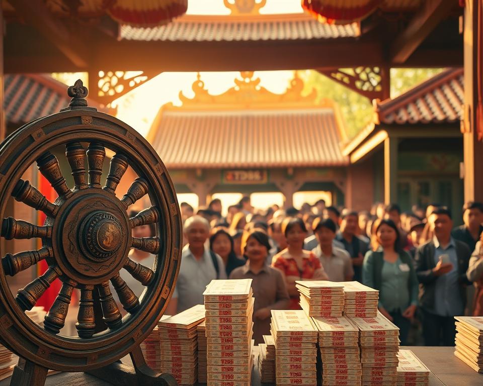 A classic Vietnamese lottery draw set against a vibrant, traditional backdrop. In the foreground, a weathered wooden lottery wheel spins, its intricate carvings casting playful shadows. Surrounding it, stacks of lottery tickets in shades of red and gold, the iconic TD88 logo prominent. In the middle ground, a crowd of eager participants gathers, their faces alight with anticipation. Behind them, a traditional Vietnamese temple with its ornate tile roof and elegant architecture, bathed in warm, golden light. The scene exudes a sense of community, tradition, and the timeless thrill of the lottery.
