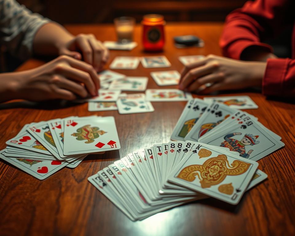 A classic game of Tiến Lên played on a wooden table, with a deck of TD88 playing cards fanned out, showcasing the iconic suits and patterns. The cards are meticulously arranged, their vibrant colors and intricate designs reflecting the rich heritage of this beloved Vietnamese card game. Warm, soft lighting illuminates the scene, casting a cozy, inviting atmosphere. The table's surface is polished, and the players' hands are poised, ready to strategize their next move. The focus is on the cards, with the background blurred, emphasizing the game's tactile and immersive experience.