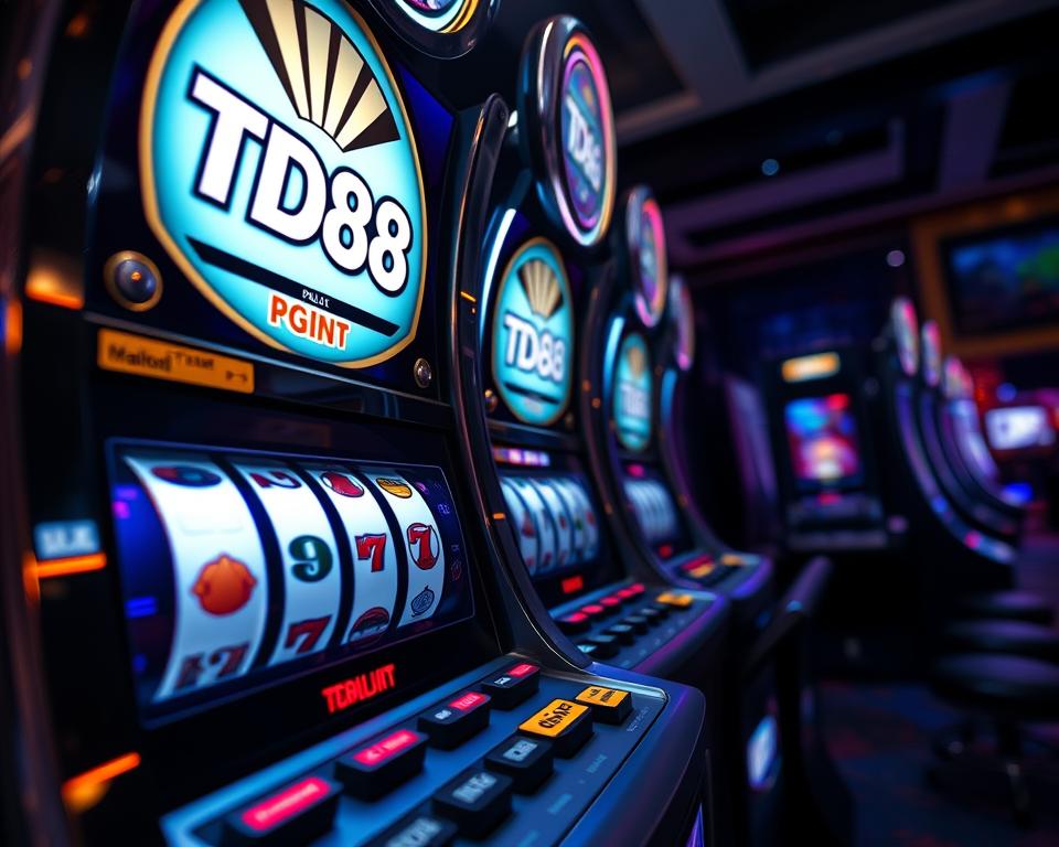 A close-up view of a high-powered slot machine with the brand name "TD88" prominently displayed. The machine has a sleek, modern design with metallic accents and a large, illuminated display. The foreground depicts the intricate mechanism of the spinning reels, conveying a sense of anticipation and excitement. The middle ground showcases the machine's control panel, with various buttons and levers that allow the user to customize their gaming experience. In the background, a dimly lit casino setting creates an atmosphere of mystery and thrill, hinting at the potential for big wins and thrilling gameplay.