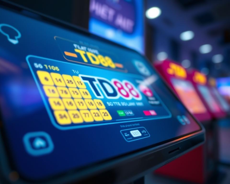 A close-up view of a touchscreen displaying the Vietlott digital lottery interface, showcasing the sleek and modern aesthetic. The screen features the "TD88" brand prominently, surrounded by colorful number grids and intuitive controls. The lighting is soft and diffused, creating a calming atmosphere. The angle is slightly angled to emphasize the interactive nature of the digital platform, inviting the viewer to imagine themselves engaging with the futuristic lottery experience. The background is blurred, keeping the focus on the central display and highlighting the technological innovation of Vietlott's electronic lottery system.