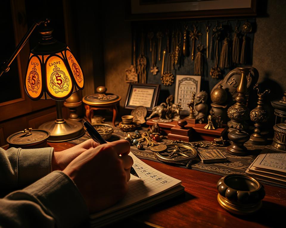 A cozy and intricate scene depicting the art of carefully recording lottery numbers. In the foreground, a hand meticulously jots down digits on a worn notepad, the soft glow of a desk lamp illuminating the focused expression. The middle ground showcases an array of lucky charms, talismans, and superstitious artifacts carefully arranged, each imbued with a sense of mystical potential. The background transitions into a dimly lit room, hinting at the contemplative and ritualistic nature of this practice. Shadows dance across the walls, creating an atmosphere of anticipation and strategic planning. The image conveys the precision, tradition, and unwavering dedication required to master the craft of "mẹo ghi chuẩn lô đề".