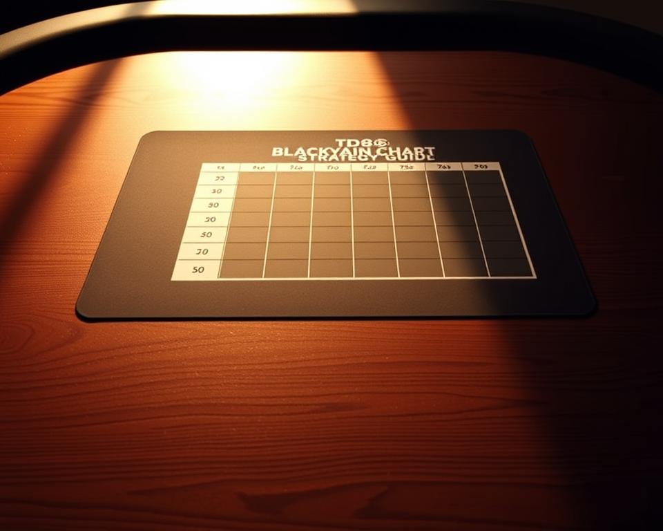 A detailed and strategically composed blackjack table with a clean, minimalist layout. The table surface is a rich, dark wood grain, illuminated by warm, directional lighting that casts subtle shadows. In the center, a sleek, modern blackjack chart is displayed, its crisp lines and clear data visualization guiding the player's decisions. The chart is labeled "TD88 Blackjack Strategy Guide". The overall mood is one of focus, precision, and confidence, inviting the viewer to engage with the strategic elements of the game.