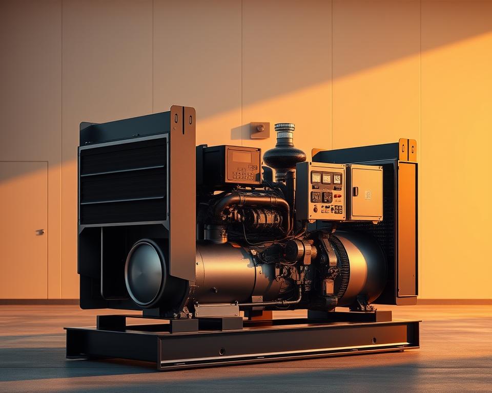 A detailed, high-resolution image of a TD88 diesel generator, a sturdy and reliable engine-driven power source. The generator stands prominently in the foreground, its sleek metallic body gleaming under warm, directional lighting that casts dramatic shadows. In the middle ground, various electrical components and control panels are visible, showcasing the generator's inner workings and technical capabilities. The background features a minimalist, clean environment, emphasizing the generator's function as a self-contained power solution. The overall scene conveys a sense of engineering excellence, durability, and the critical role of such machines in powering essential systems and infrastructure.