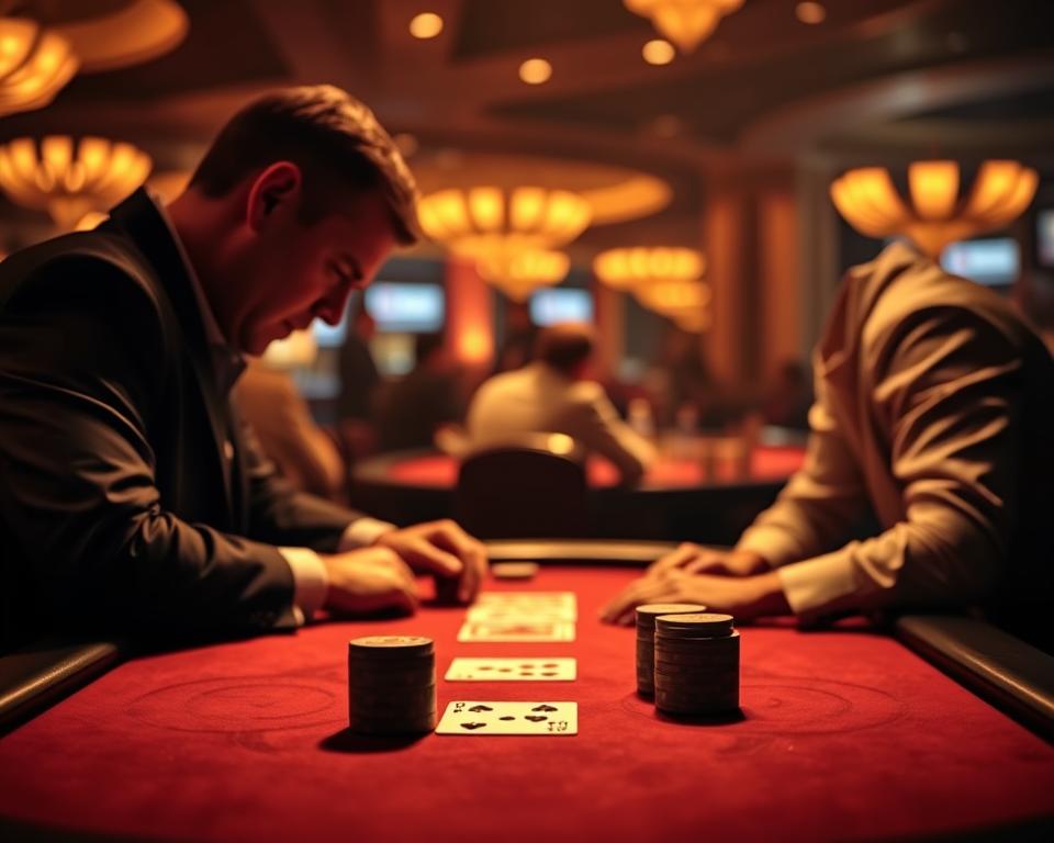 A dimly lit casino table, the felt-covered surface gleaming in the warm, golden lighting. A deck of cards sits neatly arranged, the iconic TD88 logo visible on the back. Two players, their faces partially obscured, lean in, deep in concentration as they navigate the dynamics of the classic game of blackjack. The air is thick with anticipation, the clink of chips and the quiet murmur of strategy echoing through the scene. In the background, the hazy silhouettes of other tables and patrons create a sense of immersion, conveying the essence of this strategic and thrilling card game.