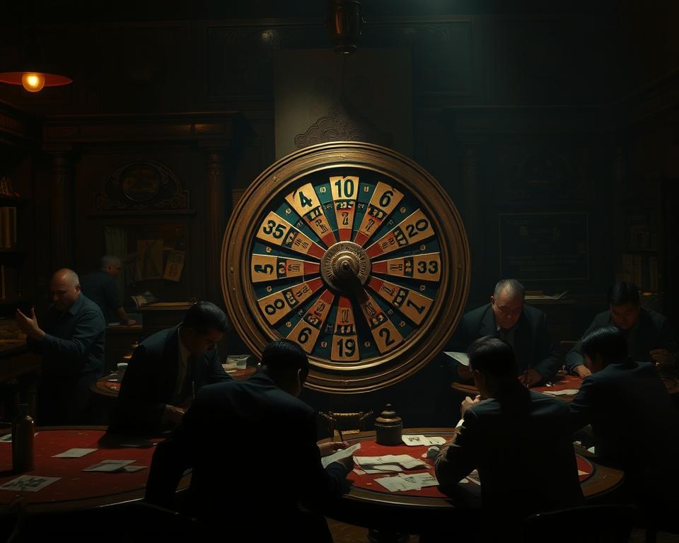 A dimly lit gambling den, the muted colors of antique furnishings and worn felt tables creating an atmosphere of mystery and intrigue. In the center, a large wooden lottery wheel, its spokes and numbers etched with a sense of timeless tradition. Around it, shadowy figures bent over scraps of paper, poring over numerical patterns and omens, searching for the elusive "Soi cầu lô đề chuẩn" - the perfect formula to beat the odds. The dim lighting casts dramatic shadows, highlighting the intense concentration on their faces as they meticulously analyze the wheel's history, looking for that crucial insight that will unlock the secrets of the game.