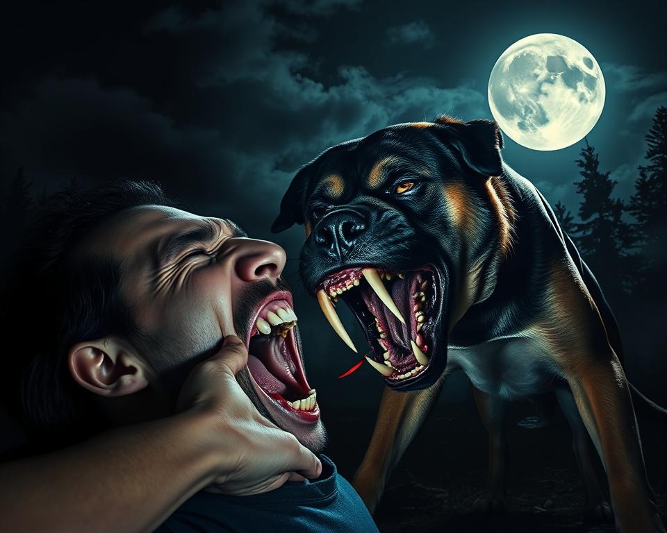 A dreamscape of a person being bitten by a ferocious canine, captured under a night sky illuminated by a full moon. The foreground depicts the terrified individual, their face twisted in anguish as the dog's sharp teeth sink into their flesh. The middle ground showcases the dog, its eyes gleaming with primal aggression, its muscular body tense and poised to strike. In the background, a shadowy, foreboding forest sets the eerie, unsettling atmosphere. The lighting is dramatic, with deep shadows and highlights that accentuate the intensity of the moment. The overall mood is one of visceral fear and the primordial struggle between man and beast.