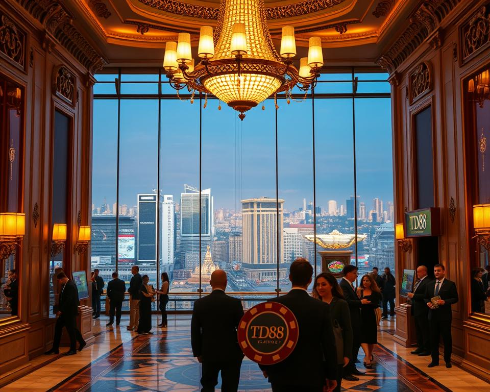 A grand casino entrance with ornate architecture, showcasing the juxtaposition between traditional and modern gaming. In the foreground, a lavish chandelier illuminates the marble floors and gilded columns. In the middle ground, smartly dressed patrons mingle in the opulent lobby, some carrying TD88 branded gambling chips. The background features a panoramic view of the bustling city skyline, hinting at the excitement and energy of the online casino experience. Warm lighting and a touch of elegance create an inviting atmosphere, blending the allure of classic casino ambiance with the convenience of digital gaming.