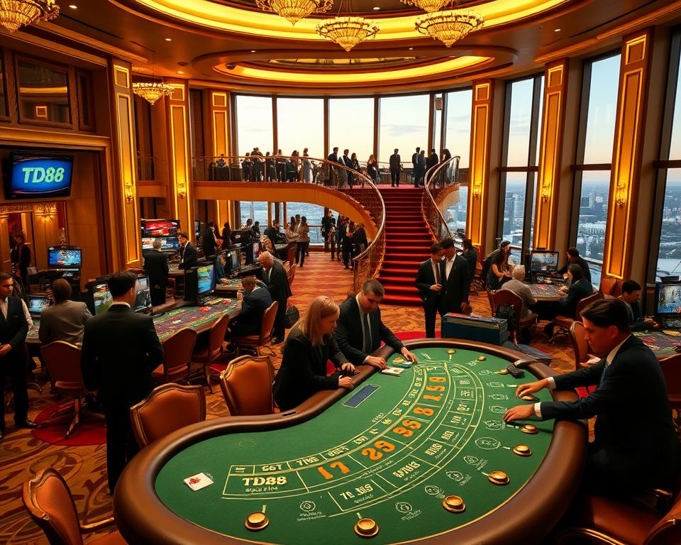 A lavish casino interior with a grand entrance, illuminated by warm, golden lighting. In the foreground, a high-roller's gaming table with elegant green felt and shiny brass accents. Around it, sophisticated patrons in formal attire engaged in the excitement of playing TD88 casino games. In the middle ground, a curved grand staircase leads up to a mezzanine level overlooking the bustling main floor. The background features a panoramic view of the city skyline through large windows, conveying a sense of exclusivity and luxury.