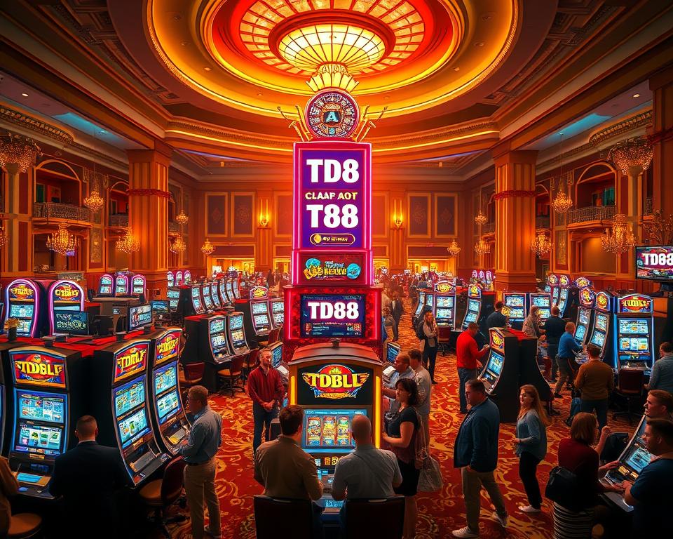 A lively, vibrant scene of a casino gaming floor, with a towering jackpot display at the center, casting a warm glow across the scene. In the foreground, a group of excited players gather around the slot machine, eagerly anticipating the chance to win big on the "TD88" game. The middle ground is filled with the hustle and bustle of the casino, with dealers at gaming tables and patrons moving between the various attractions. In the background, a lavish, ornate decor sets the mood, with plush carpets, gilded accents, and a high, domed ceiling. Dramatic lighting creates a sense of anticipation and energy, as the players hope to hit the elusive jackpot and experience the thrill of a life-changing win.