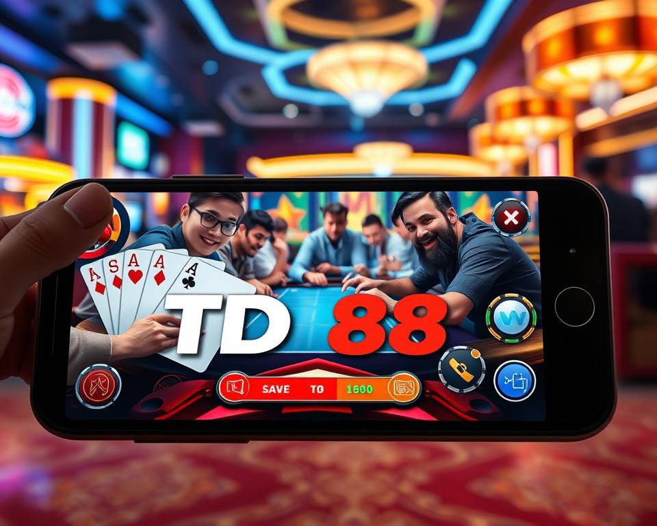 A mobile phone screen displaying a vibrant and immersive online card game interface. The foreground features the game's logo "TD88" prominently displayed, along with detailed, high-quality playing cards and game controls. The middle ground showcases various players engaged in a lively multiplayer session, their expressions animated and competitive. The background depicts a stylized casino-like environment, complete with neon lighting, luxurious furnishings, and a sense of excitement and energy. The overall scene is rendered in a realistic, visually stunning manner, capturing the excitement and thrill of playing an online card game on a mobile device.