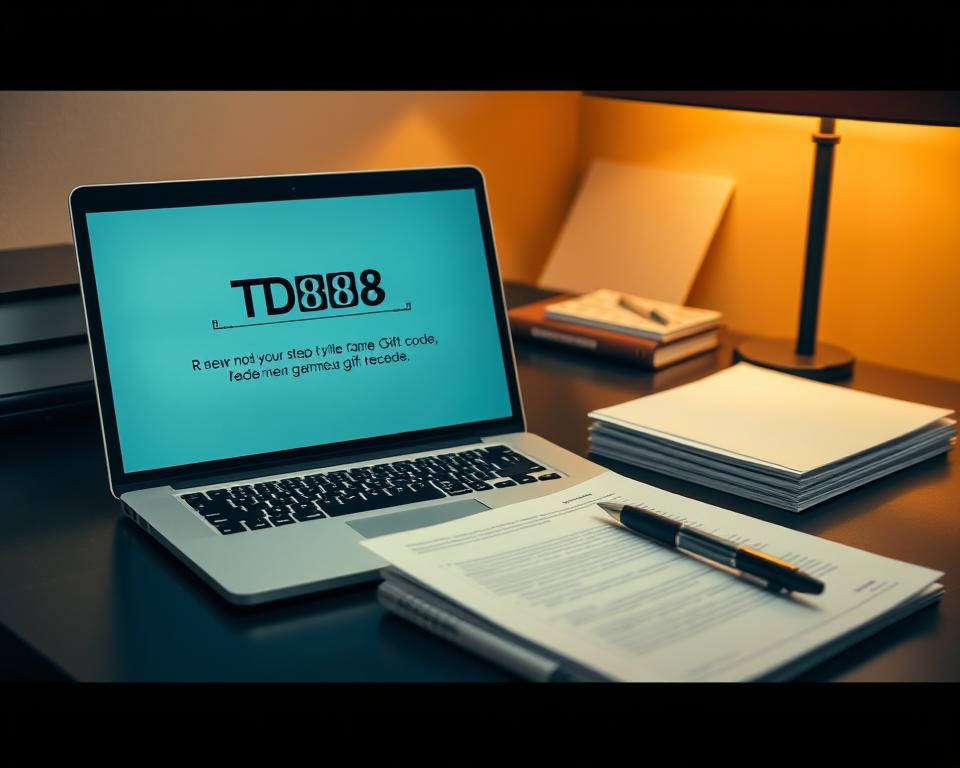 A neatly organized office desk with a laptop, a stack of documents, and a pen. The laptop's screen displays the "TD88" brand name, guiding the user through a step-by-step process of redeeming a game gift code. Warm, diffused lighting creates a welcoming atmosphere, and the scene is captured from a slightly elevated angle, conveying a sense of professionalism and attention to detail. The background is blurred, keeping the focus on the desk and its contents.