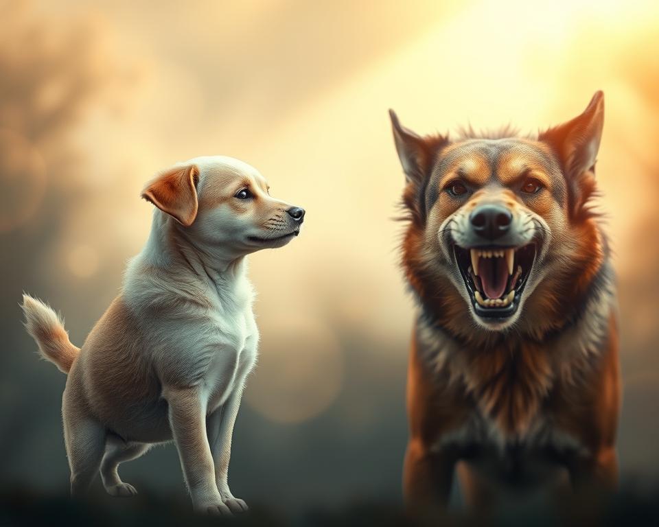 A peaceful, friendly dog and a ferocious, snarling canine face off in a surreal dreamscape. Soft, warm lighting bathes the scene, creating an ethereal atmosphere. The friendly pup, with a gentle gaze and wagging tail, stands in the foreground, while the aggressive hound, hackles raised and baring its teeth, lurks in the hazy background. The contrasting moods and behaviors of the two dogs symbolize the duality of the dreamer's experience. The dreamscape is set against a blurred, abstract backdrop, allowing the canine subjects to take center stage and convey the essence of the dream.