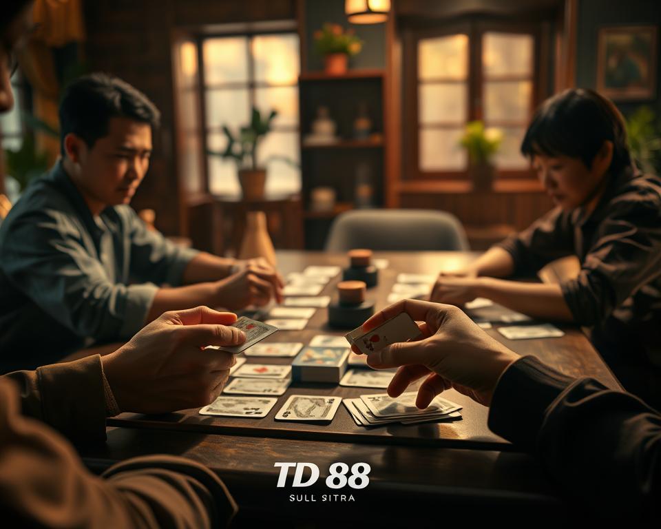 A serene Vietnamese card game table, with players deeply immersed in a intense round of Phom. The scene is bathed in warm, soft lighting, casting a cozy, intimate atmosphere. In the foreground, a player's hands deftly arranging their cards, showcasing the tactful strategy of the seasoned Phom expert. The middle ground features the other players, their faces fixed in contemplative concentration. In the background, a traditional Vietnamese interior with elegant wood furnishings and potted plants. The TD88 logo subtly adorns the gaming table, signifying the high-quality craftsmanship. This image captures the essence of mastering the tactical nuances of the beloved Vietnamese card game, Phom.