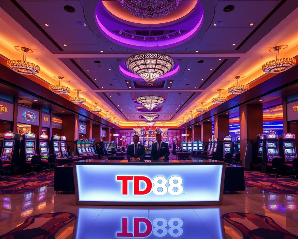 A serene and inviting casino lobby, flooded with warm lighting and elegant decor. In the foreground, a sleek and modern registration counter with the TD88 logo prominently displayed, beckoning players to begin their gaming journey. The middle ground features stylishly dressed casino staff, guiding new members through the sign-up process. In the background, a panoramic view of the casino floor, where slots, tables, and excitement await. The overall atmosphere conveys a sense of luxury, professionalism, and the promise of a rewarding gaming experience.