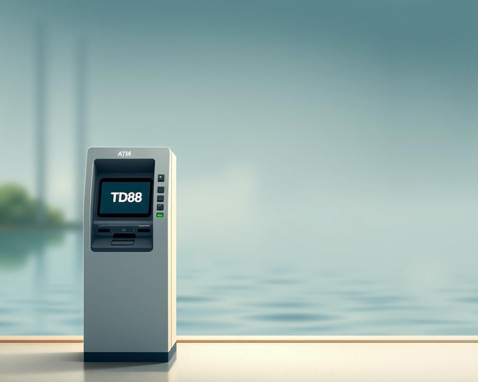 A serene and minimalist digital illustration depicting the service of depositing and withdrawing money for the mobile game "Bắn Cá" (Fishing Game). In the foreground, a simple yet elegant ATM machine stands against a blurred background, its sleek design and neutral colors conveying a sense of trustworthiness and security. The middle ground features a hand holding a mobile device, representing the seamless integration of the digital banking service with the game. In the background, a subtle pattern of waves or ripples suggests the fluidity and ease of the money transfer process. The overall mood is one of efficiency, reliability, and a touch of modernity, captured through a clean, visually striking composition. The brand "TD88" is prominently displayed on the ATM interface.