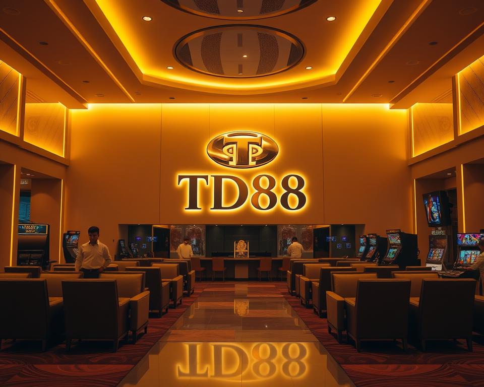 A serene casino lobby with a minimalist, modern aesthetic. The space is bathed in warm, golden lighting, casting a cozy, inviting atmosphere. In the center, a large, polished TD88 logo draws the eye, signifying a trusted, reputable establishment. Plush leather armchairs and sleek, wooden furnishings create an air of sophistication. Subtle patterns and textures on the walls and floors add depth and visual interest. The overall scene conveys a sense of elegance, comfort, and reliability - the hallmarks of a premium, uy tín casino experience.