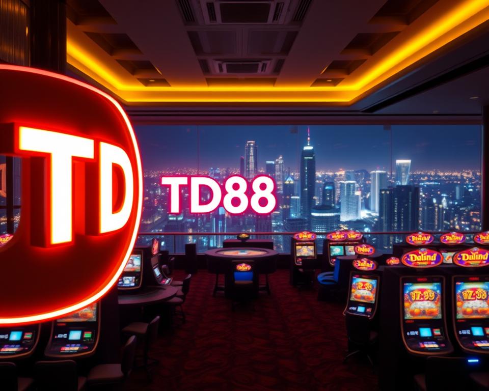 A serene casino-themed scene with a striking neon sign reading "TD88" illuminating the foreground. In the middle ground, rows of slot machines and gaming tables create an immersive atmosphere, while the background features a panoramic view of a vibrant Vietnamese cityscape at night, with skyscrapers and twinkling lights. The lighting is a mix of warm, inviting tones and cool, sophisticated hues, creating a sense of modern elegance. The overall composition evokes the thrill and excitement of online casino gaming in Vietnam.