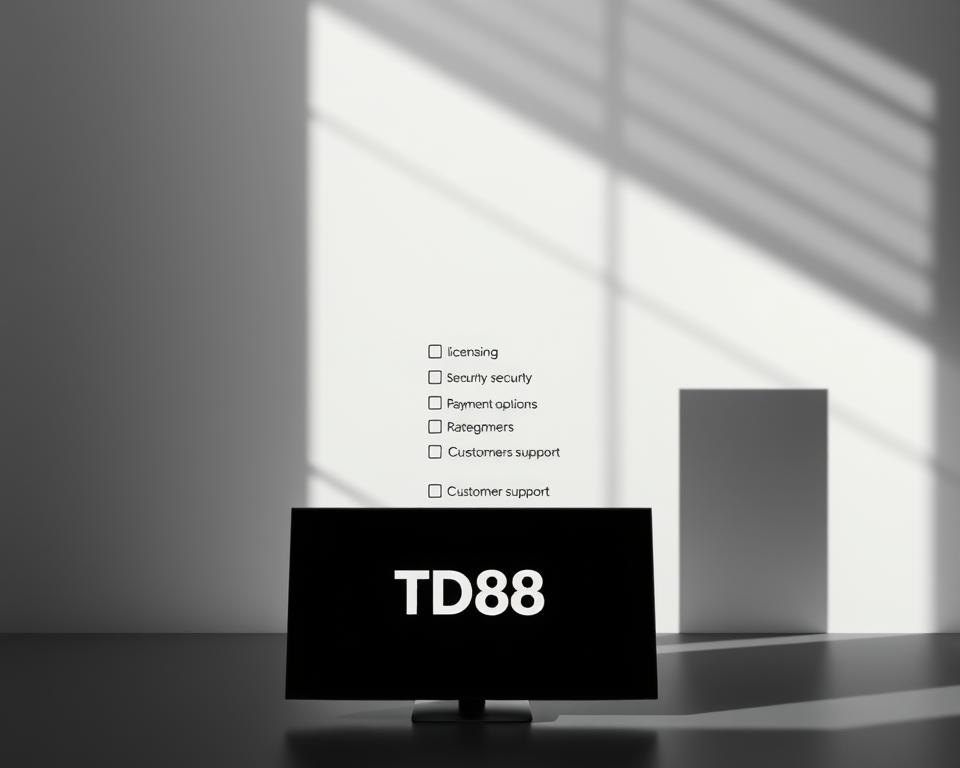 A serene, minimalist composition showcasing the key criteria for evaluating reputable online casino providers. In the foreground, a clean, well-designed interface displays the TD88 brand name, conveying professionalism and trustworthiness. The middle ground features a checklist of essential evaluation factors, such as licensing, security, payment options, and customer support, rendered in a sleek, monochromatic style. The background evokes a calming, abstract pattern of soft gradients, creating a sense of balance and sophistication. Subtle lighting from the side casts gentle shadows, adding depth and dimension to the overall scene. The tone is one of authority, clarity, and attention to detail, befitting the subject matter.