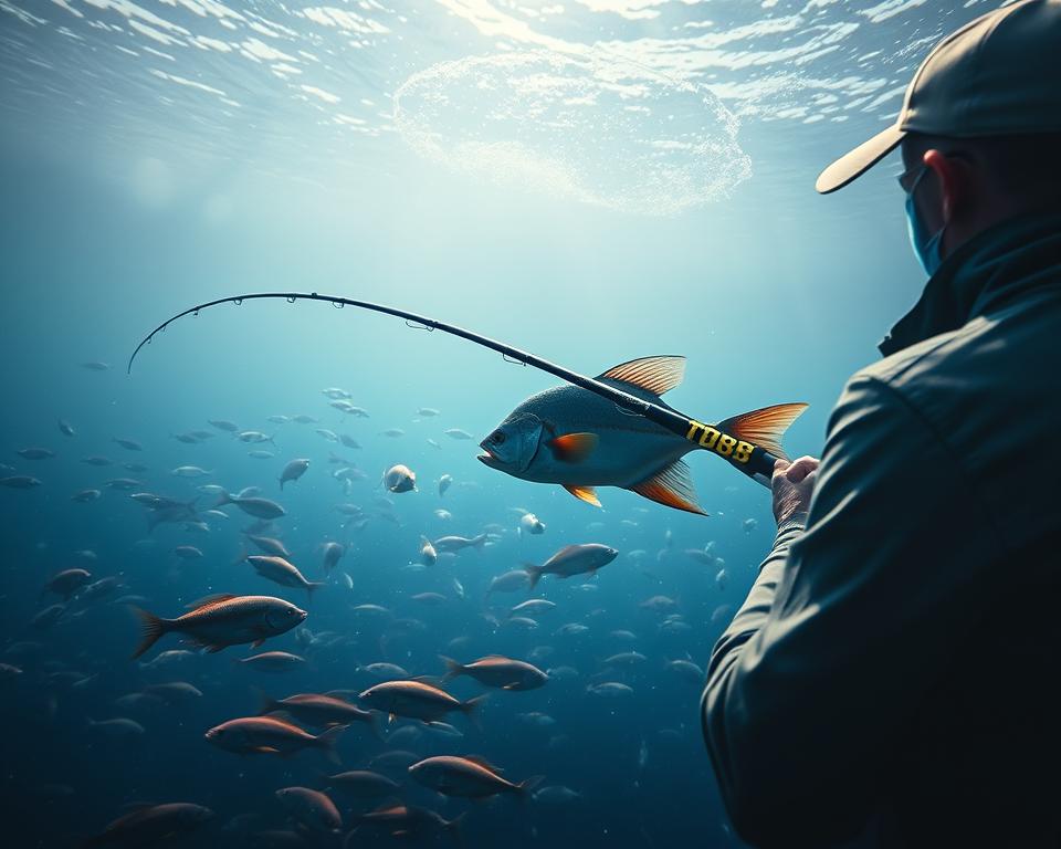 A serene underwater scene, illuminated by soft, diffused lighting. In the foreground, a skilled fisherman, wielding a high-tech fishing rod with the "TD88" logo, expertly maneuvers their line, anticipating the strike of a large, vibrant fish. The middle ground is filled with a diverse array of aquatic life, their colors and movements creating a mesmerizing display. In the background, the water gradually fades into a hazy, atmospheric depth, suggesting a sense of tranquility and the vastness of the underwater realm. The overall mood is one of concentration, skill, and the thrill of the hunt, capturing the essence of the "Chiến thuật bắn cá" strategy.