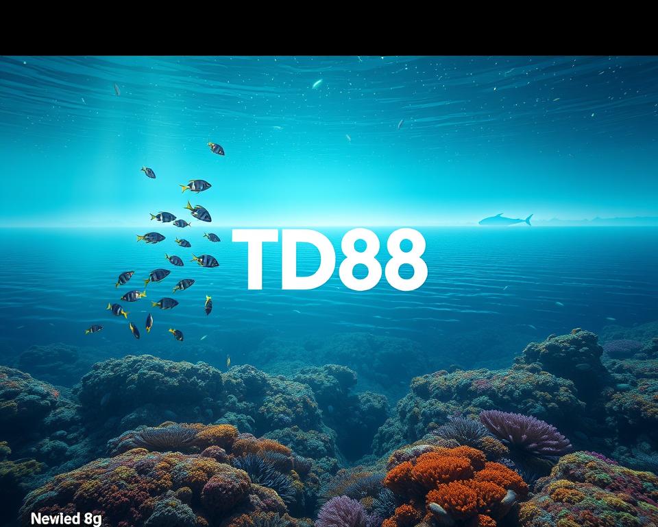 A serene underwater scene showcasing the wonders of digital graphics technology. In the foreground, a vibrant coral reef teeming with schools of tropical fish, their scales shimmering under the gentle ocean currents. In the middle ground, a seamless blend of natural and artificial elements, with holographic projections of marine life dancing amidst the swaying kelp. The background reveals a vast, breathtaking expanse of the open ocean, illuminated by the soft glow of bioluminescent plankton and the distant silhouettes of whales. The overall mood is one of awe-inspiring beauty, where the natural world and cutting-edge technology coexist in perfect harmony. At the center of this captivating scene, the TD88 logo stands as a testament to the game's immersive and visually stunning experience.