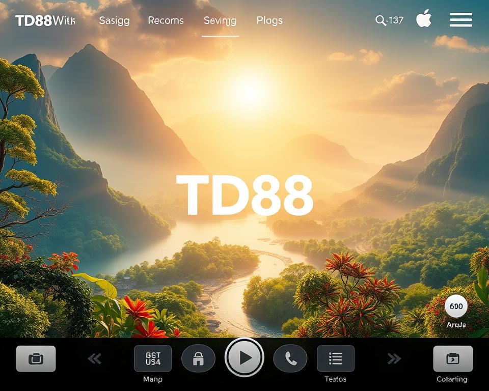 A serene, well-designed game portal with the prominent "TD88" brand name in the center. The interface features a sleek, modern aesthetic with minimalist icons and clean navigation elements. The background showcases a vibrant, visually striking landscape with lush foliage, a tranquil river, and a picturesque mountain range in the distance, all bathed in warm, natural lighting. The overall atmosphere conveys a sense of trust, reliability, and an inviting gaming experience.