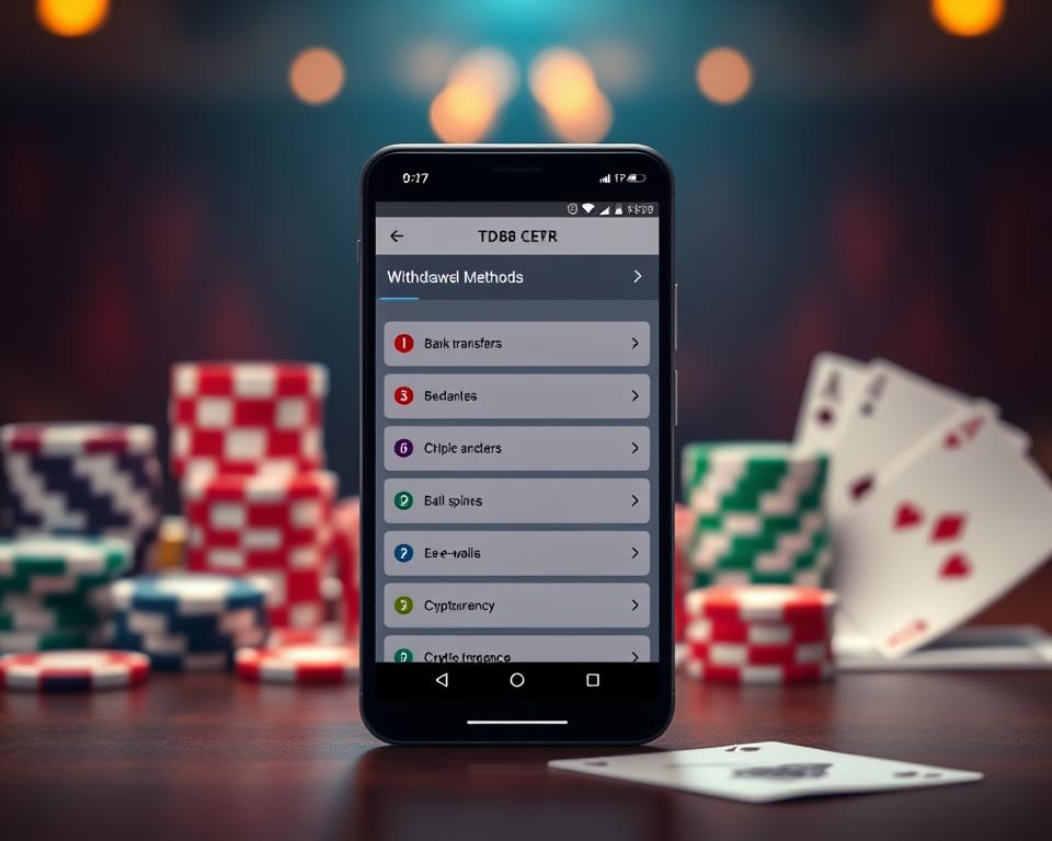 A sleek and minimalist digital banking interface showcasing the various withdrawal methods for the online casino TD88. In the foreground, a mobile device displays options including bank transfers, e-wallets, and cryptocurrency, all set against a blurred background of casino chips and playing cards. Warm, inviting lighting casts a sophisticated ambiance, while a clean, modern design aesthetic conveys trust and reliability. The layout emphasizes simplicity and ease of use, reflecting the seamless process of withdrawing winnings from the TD88 online casino.