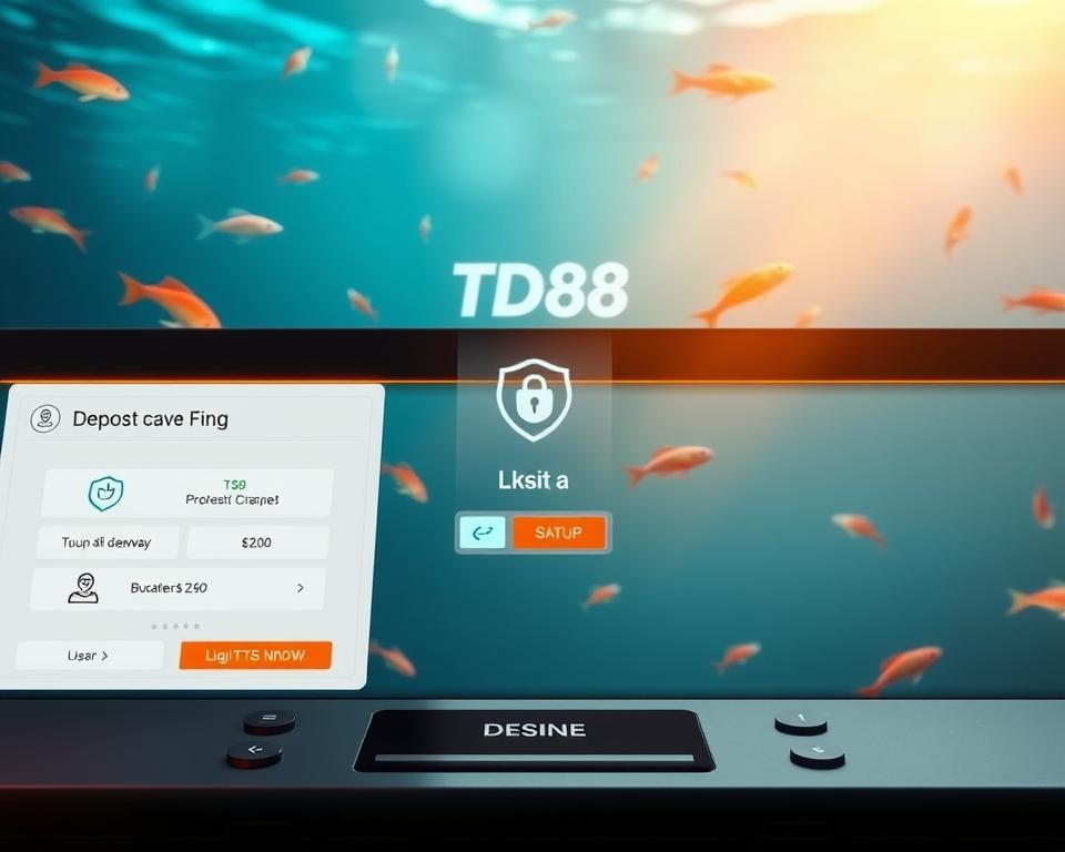 A sleek and modern digital interface showcasing the step-by-step process of depositing funds into a fishing game account. The foreground features a simplified layout with intuitive icons and buttons, highlighting the "TD88" brand. The middle ground depicts a secure payment gateway, hinting at the safe and seamless transaction experience. In the background, subtle fish swimming animations create an immersive aquatic atmosphere, complementing the fishing game theme. Warm lighting and a minimalist color palette evoke a sense of trust and professionalism, reflecting the article's focus on a quick and secure money deposit procedure for the fishing game.