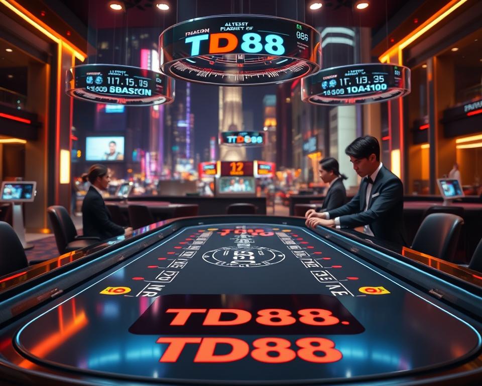 A sleek, futuristic blackjack table set against a backdrop of neon-lit cityscape. The table's surface is adorned with the TD88 logo, hinting at a high-tech, cutting-edge gaming experience. Dealers in sharply tailored uniforms move with precision, their hands deftly dealing cards. Holographic displays hover above the table, showcasing the latest blackjack tactics and strategies. Subtle, ambient lighting casts a warm, inviting glow, drawing players into the excitement of the game. The scene evokes a sense of innovation and sophistication, capturing the essence of "Chiến thuật blackjack 2025".