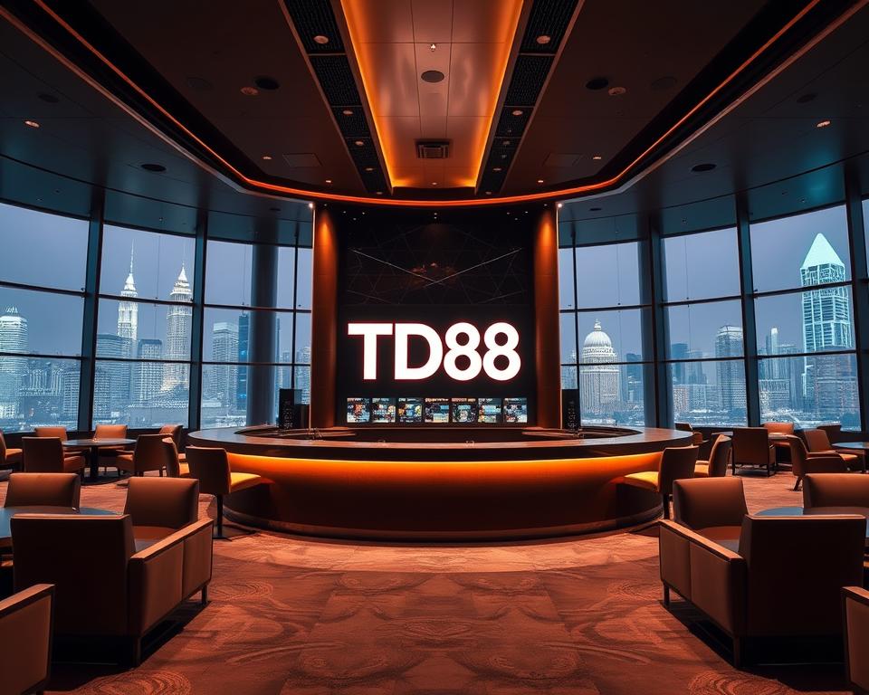 A sleek, modern casino interior with a stylish, minimalist design. The focal point is a large, curved counter with the prominent "TD88" branding, surrounded by plush seating and subtle lighting. The background features floor-to-ceiling windows overlooking a vibrant cityscape, creating a sense of luxury and sophistication. The atmosphere is warm and inviting, with a mix of natural and artificial lighting casting a soft glow throughout the space. The camera angle is a slightly elevated perspective, capturing the grandeur and attention to detail of this high-end online casino experience.