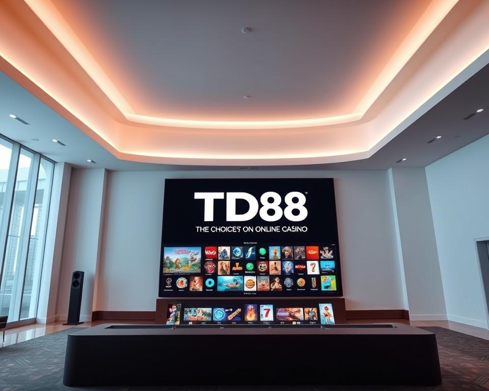A sleek, modern interior with minimalist design showcasing the choices for online gambling platforms. In the foreground, the brand name "TD88" prominently displayed on a large digital screen, reflecting the importance of selecting a reputable and trustworthy casino. The middle ground features an array of gaming icons, symbolizing the diverse options available to players. The background depicts a serene, calming atmosphere with soft lighting and clean lines, conveying a sense of professionalism and reliability. The overall composition emphasizes the significance of carefully evaluating online gambling providers to ensure a secure and enjoyable gaming experience.