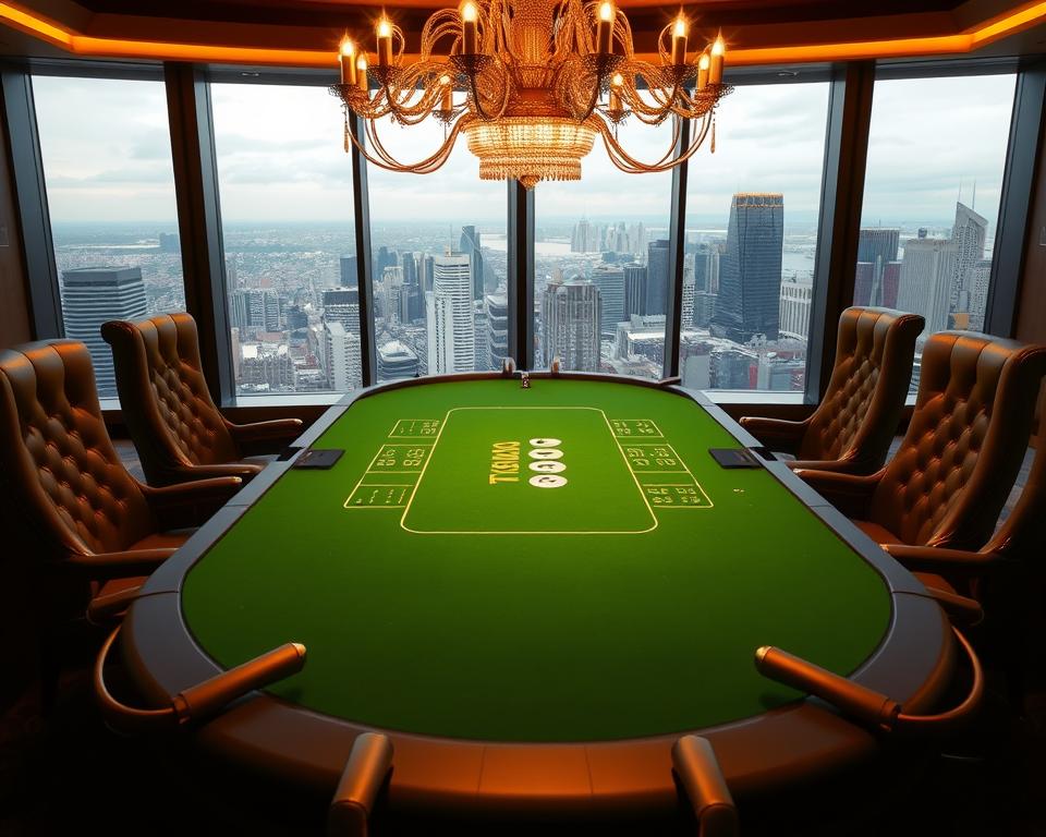 A sleek, modern online casino table with a striking green felt surface. The table is flanked by plush, high-backed chairs inviting players to test their luck. Overhead, a dazzling chandelier casts a warm, atmospheric glow, creating a sense of sophistication. In the background, a panoramic view of a bustling city skyline is visible through large windows, hinting at the excitement and energy of the TD88 online casino experience.