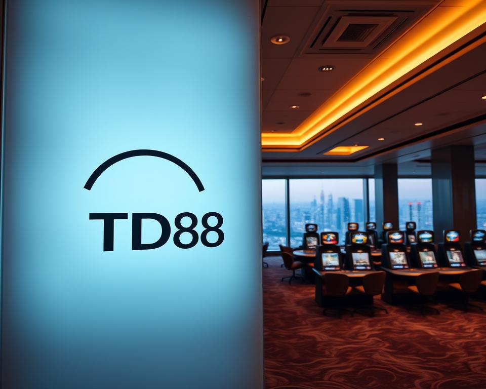 A sophisticated casino interior with a minimalist, elegant design. The foreground features the TD88 logo prominently displayed on a backlit glass panel, creating a sleek and modern aesthetic. The middle ground showcases a row of stylish gaming tables, each illuminated by warm, subtle lighting that casts a inviting glow. In the background, high ceilings and expansive windows offer a panoramic view of a bustling city skyline, adding a sense of grandeur and exclusivity. The overall atmosphere evokes a feeling of sophisticated gaming experience, catering to discerning players seeking a trustworthy and premium online casino destination.