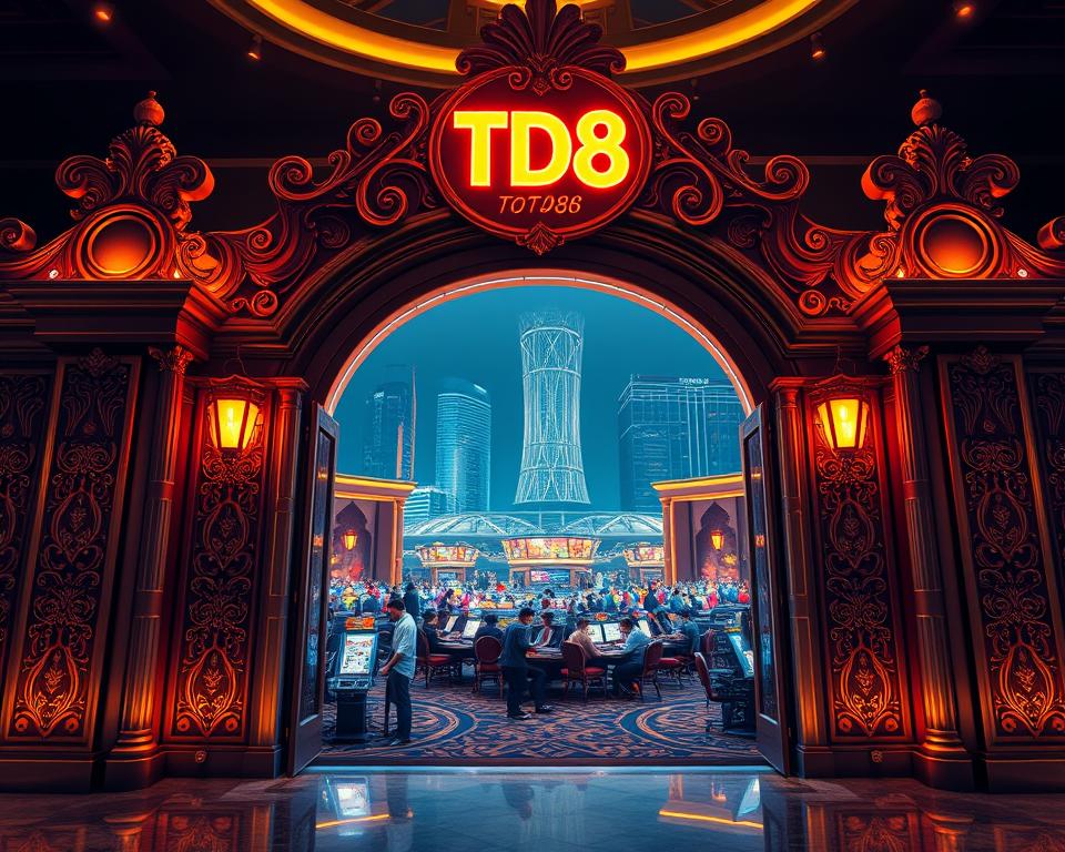 A striking, high-resolution image of the distinctive design features of a leading online gaming platform, TD88. Showcased in the foreground, a captivating and intricately detailed casino-style entrance gate, adorned with ornate archways, intricate carvings, and a vibrant, neon-lit logo. The middle ground features a lively scene of players engaged in various card and table games, immersed in the excitement of the gaming environment. In the background, a panoramic view of a modern, cosmopolitan cityscape, conveying the sense of a thriving, high-energy gaming hub. The lighting is warm and inviting, creating a welcoming and immersive atmosphere. The overall composition and attention to detail capture the essence of the premier gaming experience offered by TD88.