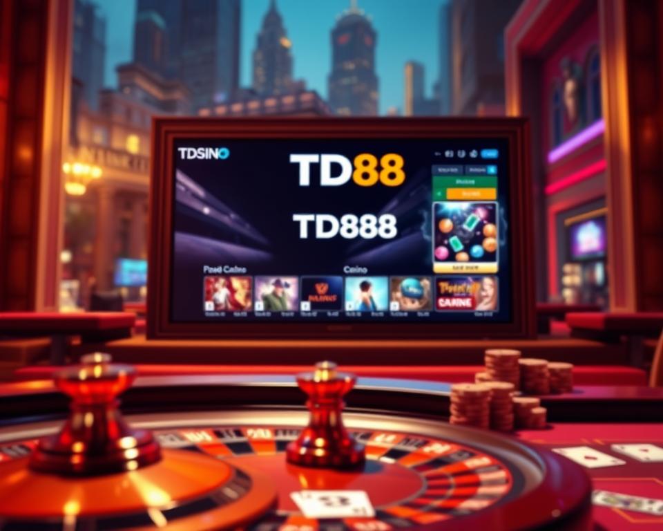 A stylized, cinematic illustration showcasing the contrast between traditional and online casino gaming. In the foreground, a classic casino table with roulette wheel, cards, and gambling chips, bathed in warm, atmospheric lighting. In the middle ground, a large LED screen displays a sleek, modern online casino interface, with the TD88 brand prominently featured. The background fades into a blurred cityscape, hinting at the accessibility and convenience of online gaming. The overall composition conveys a sense of the evolution of the industry, blending the timeless allure of traditional gambling with the dynamic, technology-driven world of online casino experiences.