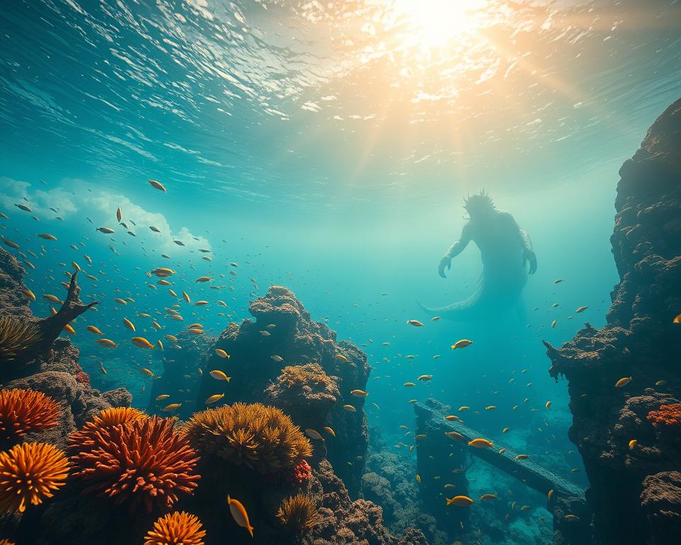 A vast, captivating oceanic realm, teeming with vibrant marine life and breathtaking underwater landscapes. Majestic schools of tropical fish dart through crystal-clear waters, while towering coral reefs and mysterious shipwrecks dot the seafloor. Shafts of sunlight pierce the surface, casting a warm, ethereal glow upon the scene. In the distance, a massive sea creature, the legendary TD88 Dragon, emerges from the depths, its scales shimmering with otherworldly power. This immersive, photorealistic vision of a fantastical oceanic world, captured through a wide-angle cinematic lens, evokes a sense of awe and wonder, perfectly capturing the essence of the game's captivating underwater environments.