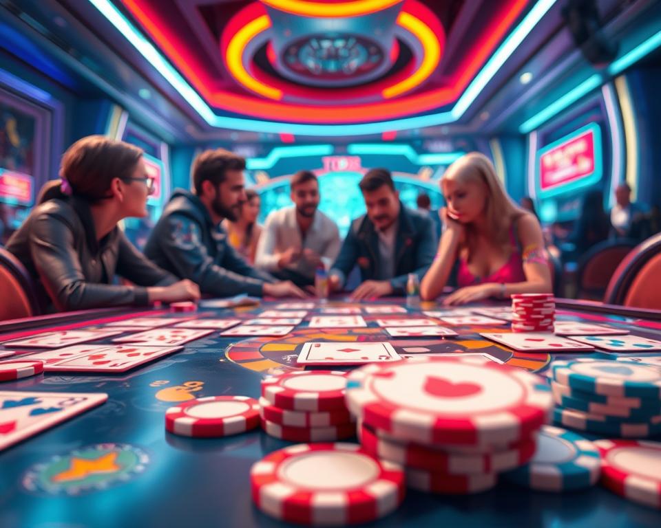 A vibrant 3D game board with cards and chips in the foreground, showcasing the immersive and interactive nature of the TD88 3D card game. In the middle ground, realistic 3D-rendered characters engaged in a lively card game session, their expressions and body language conveying the excitement and social experience. The background features a stylized, futuristic gaming environment with neon-lit elements, creating a visually stunning and technologically advanced atmosphere.