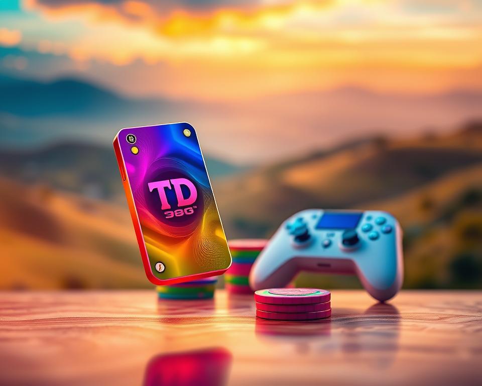 A vibrant and alluring TD88 game card floats in the foreground, its glossy surface reflecting the warm, inviting lighting. In the middle ground, a stack of colorful game tokens and a stylized game controller create a sense of excitement and anticipation. The background features a blurred, dreamlike landscape of rolling hills and a vibrant sky, evoking a feeling of adventure and boundless possibilities. The overall composition and mood convey the enticing and rewarding nature of the "phần thưởng hấp dẫn" or captivating rewards that await the player.
