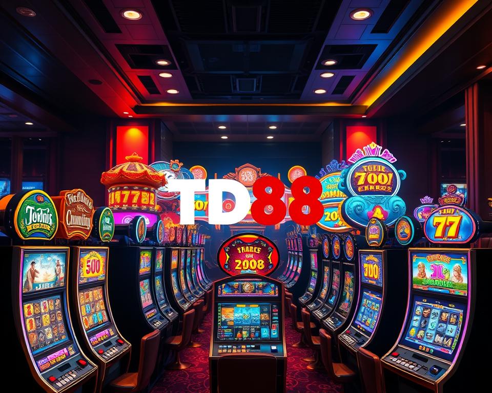 A vibrant and captivating display of various nổ hũ games, showcasing their unique features and alluring visuals. In the foreground, a diverse array of slot machines with intricate designs and tempting symbols catch the eye, inviting players to spin the reels and chase the elusive jackpots. The middle ground features a stylized TD88 logo, adding a touch of sophistication and branding to the scene. In the background, a dimly lit casino environment sets the mood, with warm lighting and rich, textured surfaces creating an immersive atmosphere. The overall composition conveys a sense of excitement, anticipation, and the thrill of the nổ hũ gaming experience.
