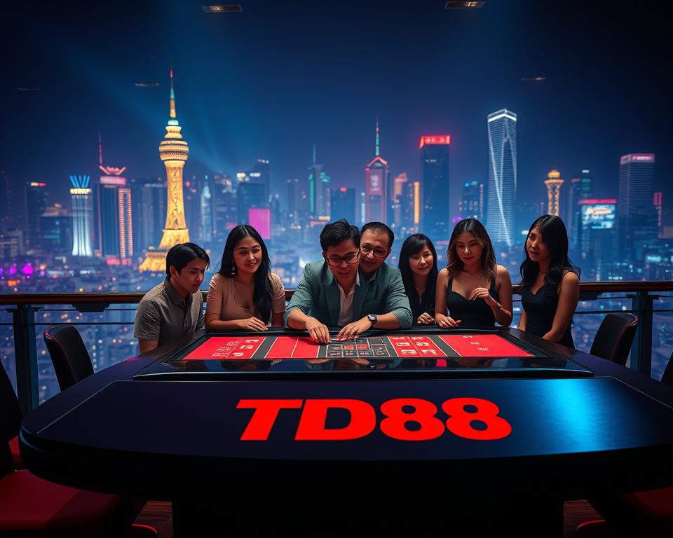 A vibrant and captivating game of chance, "trò chơi đổi thưởng" takes center stage against a backdrop of neon-lit city skylines. In the foreground, a sleek and modern casino table invites players to try their luck, with the iconic TD88 branding prominently displayed. The middle ground features a group of enthusiastic gamblers, their faces animated with anticipation as they engage in the thrilling game. Subtle lighting creates a sense of excitement and suspense, casting dramatic shadows and highlights across the scene. The overall atmosphere is one of excitement and sophistication, capturing the essence of the vibrant world of Vietnamese game bài đổi thưởng.
