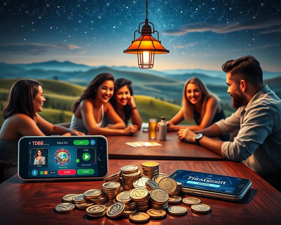 A vibrant and captivating scene showcasing the benefits of playing online card games. In the foreground, a group of friends gather around a wooden table, engaged in a lively game of TD88, their faces lit by the warm glow of a vintage-style lamp. The middle ground features a collection of shiny coins, representing the potential winnings, alongside a smartphone displaying the game's user-friendly interface. In the background, a serene landscape of rolling hills and a clear, starry sky create a sense of tranquility and escapism. The entire composition conveys the joy, camaraderie, and financial rewards associated with the free-to-play online card game experience.
