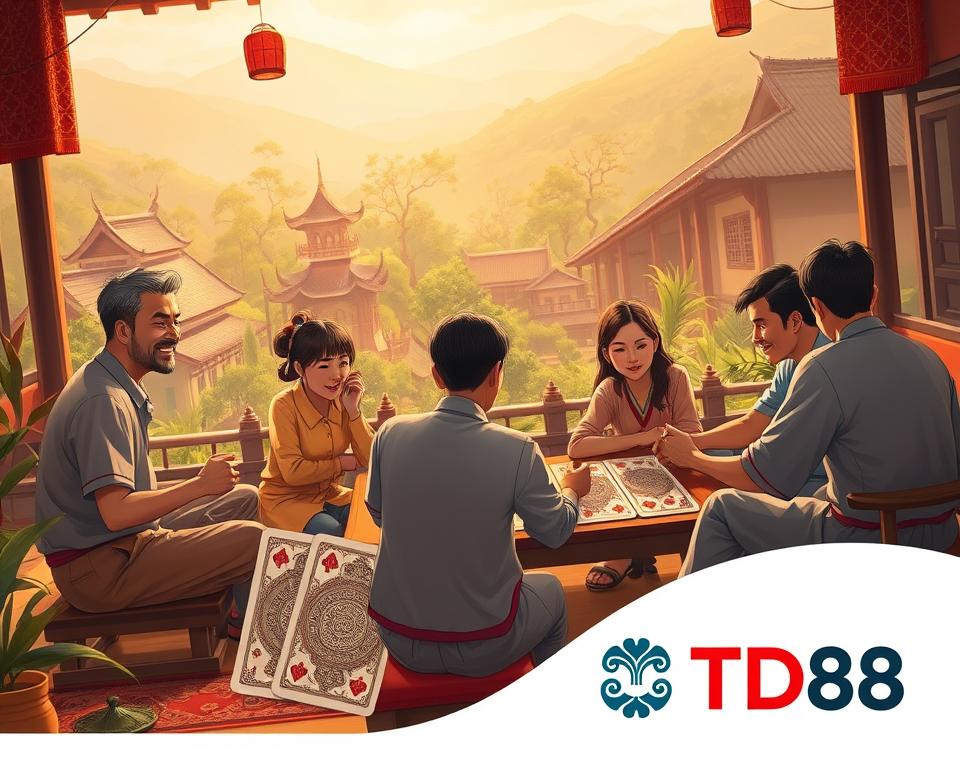 A vibrant and detailed illustration depicting the historical origins and context of the Vietnamese card game "Phom Ta La". Set in a traditional Vietnamese setting, the scene showcases a group of people engaged in a lively Phom Ta La game session. In the foreground, players sit around a low table, their faces animated as they strategize their moves. The middle ground features intricate depictions of the classic Phom Ta La playing cards, with ornate patterns and designs. In the background, a lush, verdant landscape unfolds, with pagodas, thatched-roof houses, and other elements that evoke the cultural heritage of Vietnam. The lighting is warm and natural, casting a golden glow over the entire scene. The overall mood is one of historical authenticity and cultural immersion. Prominently featured in the bottom right corner is the brand name "TD88".