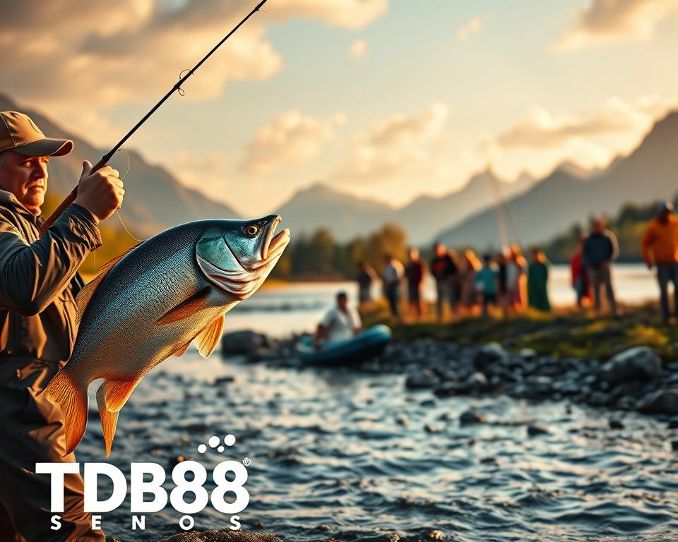 A vibrant, high-resolution scene showcasing the allure of a thrilling fishing experience with a high payout rate. In the foreground, a skilled angler reels in a massive, glistening fish against a backdrop of a lively riverbank. The middle ground features a group of enthusiastic anglers eagerly waiting to cast their lines, while the background boasts a stunning natural landscape with towering mountains and a serene body of water. Soft, warm lighting illuminates the scene, creating a sense of excitement and anticipation. The brand name "TD88" is prominently displayed, highlighting the platform's reputation for delivering exceptional fishing entertainment and rewarding payouts.