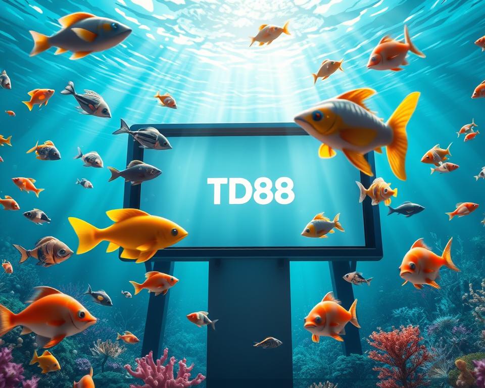 A vibrant, photorealistic scene of a captivating "fish shooting" game known as "trò chơi bắn cá đổi thưởng". In the foreground, a variety of colorful, animated marine creatures swim across the screen, inviting the player to engage in an immersive underwater adventure. The middle ground features a sleek, modern interface with the TD88 logo prominently displayed, showcasing the game's sophisticated design. The background depicts a tranquil, underwater environment with shimmering light rays filtering through the water, creating a serene and enchanting atmosphere. The scene is illuminated by a warm, natural lighting that enhances the realistic and visually striking nature of the game.