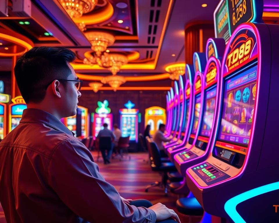 A vibrant, realistic depiction of the popular Vietnamese "game nổ hũ" against a backdrop of a bustling casino-like environment. In the foreground, a player sits at a sleek, modern gaming terminal with the TD88 logo prominently displayed, their eyes fixed intently on the screen as they spin the virtual reels. Surrounding them, the middle ground showcases a lively atmosphere with other players engaged in gameplay, the flashing lights and colorful graphics of various slot machines creating an energetic, immersive scene. In the background, the interior of the gaming venue is visible, with rich, luxurious furnishings and décor evoking a high-end, premium experience. The lighting is a warm, inviting mix of natural and artificial sources, casting a vibrant glow over the entire setting and conveying the excitement and thrill of the "game nổ hũ" phenomenon in Vietnam.