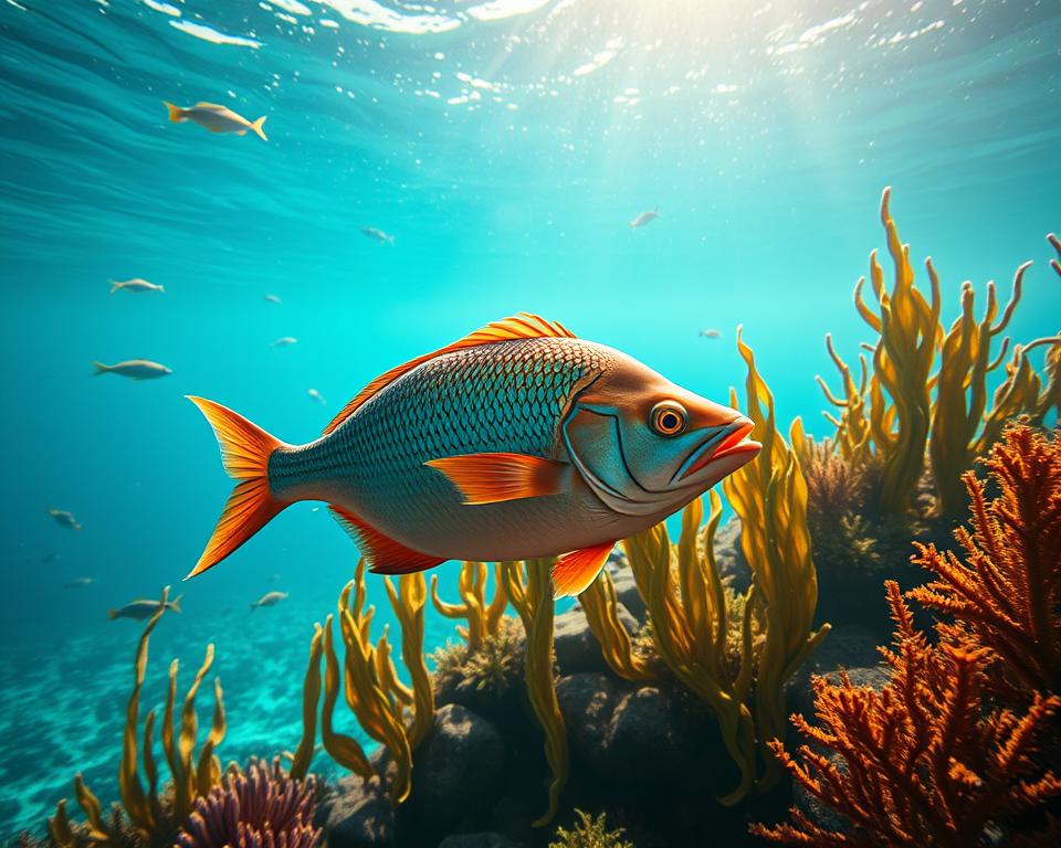 A vibrant underwater scene showcasing the TD88 fishing game. In the foreground, a large, colorful fish swims gracefully, its scales shimmering under the warm, diffused lighting. In the middle ground, various aquatic creatures dart between lush, swaying kelp and coral formations. The background depicts a serene, azure ocean expanse, with sunlight filtering through the water, creating a mesmerizing, dreamlike atmosphere. The overall composition evokes a sense of wonder and immersion, perfectly capturing the essence of the "trò chơi bắn cá đổi thưởng" experience.