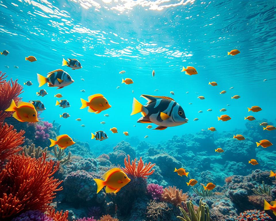 A vibrant underwater scene teeming with colorful marine life, including a variety of tropical fish. In the foreground, a group of playful, cartoon-style fish in shades of blue, orange, and yellow dart through the crystal-clear waters, creating a sense of movement and energy. In the middle ground, a large, eye-catching fish with distinctive markings swims gracefully, its fins propelling it through the swaying seaweed and coral formations. In the background, a breathtaking underwater landscape unfolds, with sunlight filtering through the water and illuminating the diverse array of aquatic flora and fauna. The overall mood is one of playfulness and wonder, perfectly capturing the essence of the TD88 "đồ họa bắn cá" game.
