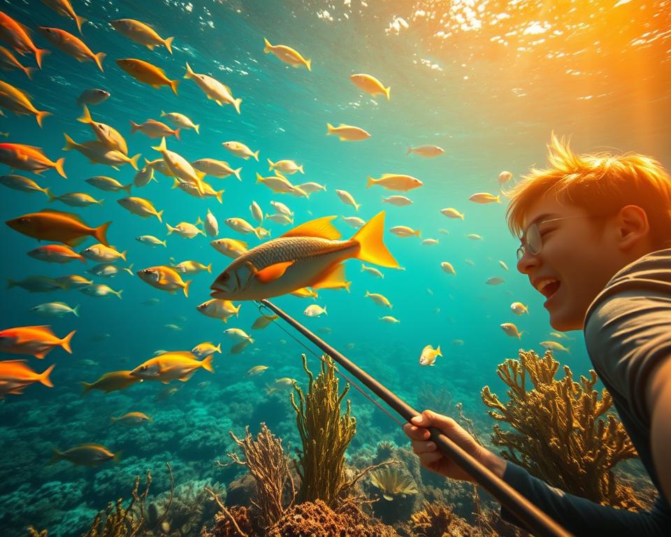 A vibrant underwater scene, where schools of colorful fish dart through crystal-clear waters. In the foreground, a player excitedly reels in a catch, their expression brimming with anticipation. The middle ground features a variety of aquatic life, including seaweed, coral, and other marine creatures. In the background, the sleek and modern design of the TD88 online fishing game platform is subtly present, hinting at the digital world where this thrilling experience takes place. Warm lighting bathes the scene, creating a sense of depth and immersion. The overall atmosphere evokes the excitement and rewards of participating in an engaging, trustworthy online fishing game.