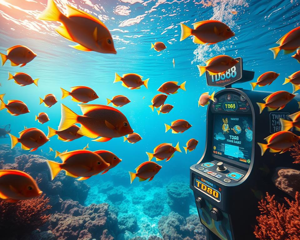 A vibrant underwater scene with a TD88 branded fishing game interface. In the foreground, a colorful school of tropical fish swim, their scales shimmering under the warm, natural lighting. The middle ground features a detailed, realistic seabed with coral formations and aquatic plants. In the background, a sense of depth is created by hazy, distant seascapes. The overall atmosphere is one of tranquility and immersion, inviting the viewer to engage with the playful, engaging fishing game experience.